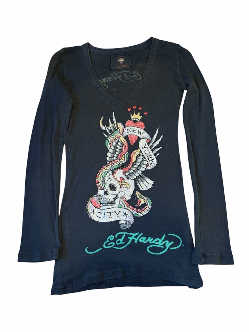 Ed Hardy Vintage Y2K Rhinestone Skull New York City Long Sleeve V-Neck S